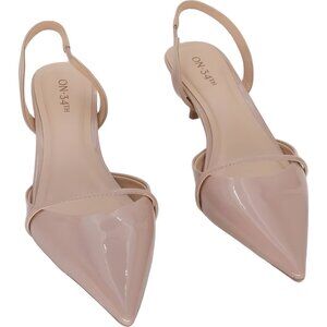 On 34th Angelinaa Nude Patent Slingback Kitten Heel Pointed Toe Pumps US 8M